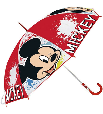 Mickey Mouse Happy Smiles red umbrella for luggage, 80cm diameter, featuring colorful Mickey Mouse design for travel protection.