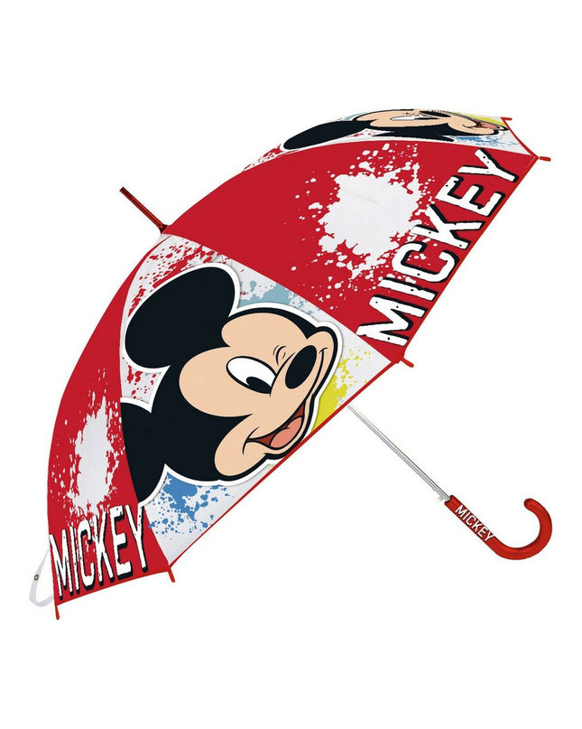 Mickey Mouse Happy Smiles red umbrella for luggage, 80cm diameter, featuring colorful Mickey Mouse design for travel protection.