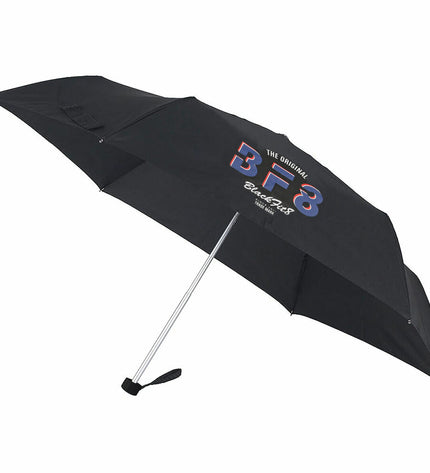 BlackFit8 black folding umbrella with 98cm diameter, urban design, compact for luggage, featuring marine blue accents.