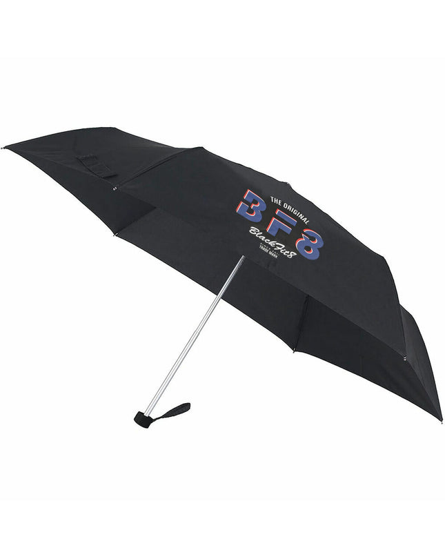 BlackFit8 black folding umbrella with 98cm diameter, urban design, compact for luggage, featuring marine blue accents.