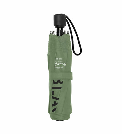 BlackFit8 foldable umbrella with black and military green gradient, 98 cm diameter, shown open with sturdy handle and compact design.