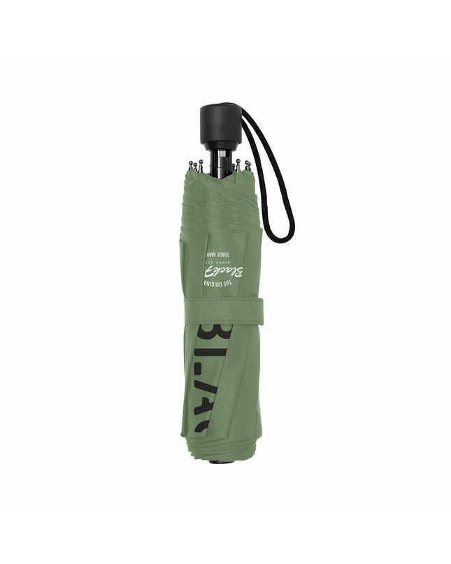 BlackFit8 foldable umbrella with black and military green gradient, 98 cm diameter, shown open with sturdy handle and compact design.