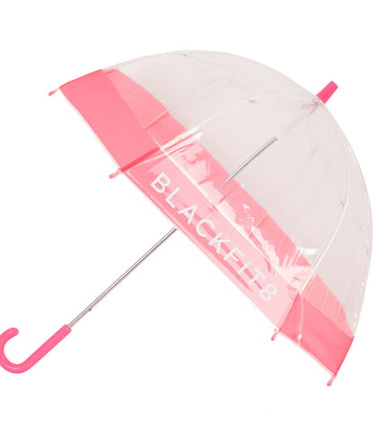 BlackFit8 Glow Up Roze transparent umbrella with 70 cm diameter, featuring a bagage style design and transparent canopy.