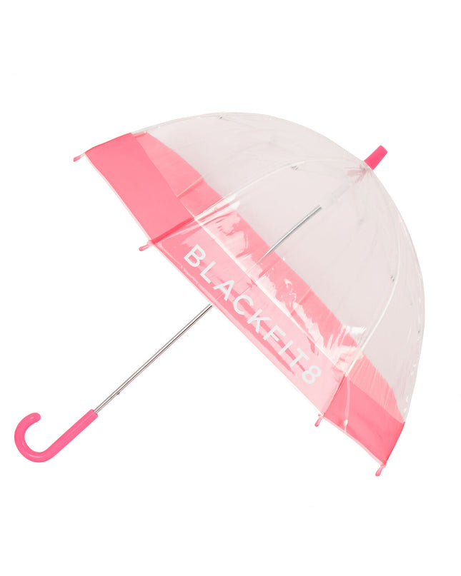 BlackFit8 Glow Up Roze transparent umbrella with 70 cm diameter, featuring a bagage style design and transparent canopy.