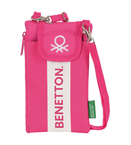 Benetton raspberry fuchsia phone wallet with card slots, compact handbag for carrying essentials, stylish and functional design.
