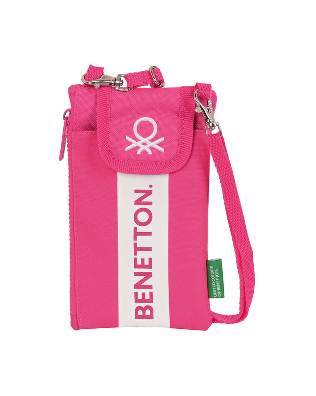 Benetton raspberry fuchsia phone wallet with card slots, compact handbag for carrying essentials, stylish and functional design.