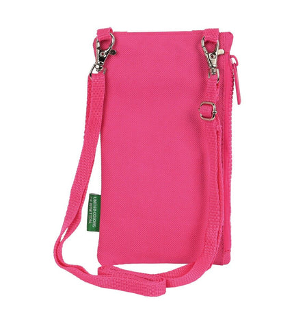 Benetton raspberry pink wallet featuring card slots and zipper closure, designed for secure storage of cash and cards.