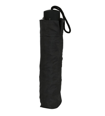 El Niño green Bali folding umbrella with black handle, open showing 98 cm diameter, compact bagage umbrella for travel and rain protection.