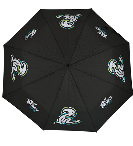 El Niño green foldable umbrella with black accents, 98 cm diameter, shown open with compact design, ideal for travel and bagage use.