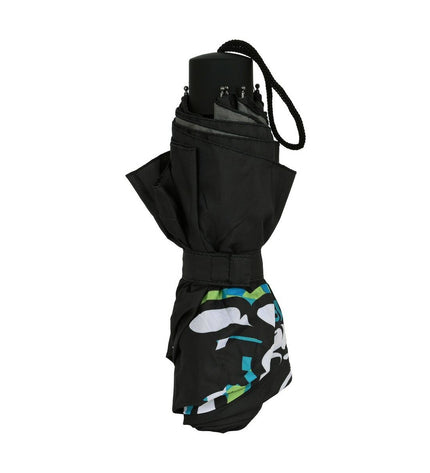 El Niño green foldable umbrella with black handle, open to show 98 cm diameter, designed for travel and outdoor protection.