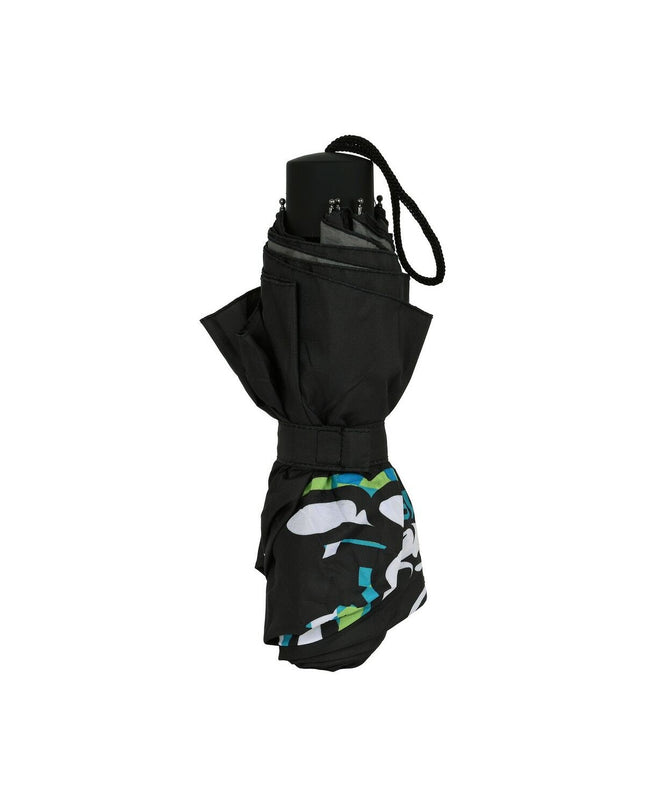El Niño green foldable umbrella with black handle, open to show 98 cm diameter, designed for travel and outdoor protection.
