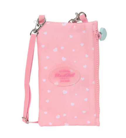 BlackFit8 black wallet with pink Globitos design, featuring multiple card slots and a compact, stylish phone holder.