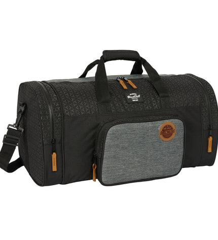 BlackFit8 Sporttas in black and gray, old school design, 55 x 26 x 27 cm, for sport and outdoor activities.