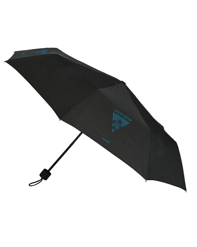 BlackFit8 foldable umbrella in black with blue accents, open to show 98 cm diameter, compact travel bag included