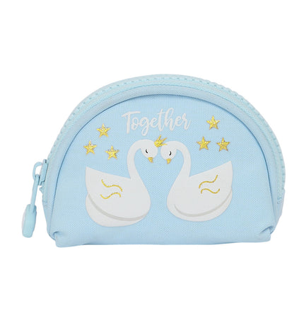 Glow Lab portemonnee in blauw with swan design, compact 9.5 x 7 x 3 cm, made for bags, wallets, and cardholders.