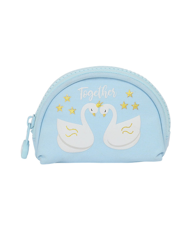 Glow Lab portemonnee in blauw with swan design, compact 9.5 x 7 x 3 cm, made for bags, wallets, and cardholders.