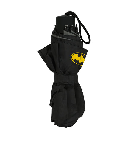Black Batman Game Over folding umbrella with Batman logo, open showing a 98 cm diameter, compact bagage umbrella.