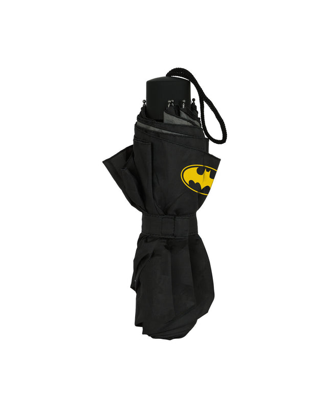 Black Batman Game Over folding umbrella with Batman logo, open showing a 98 cm diameter, compact bagage umbrella.
