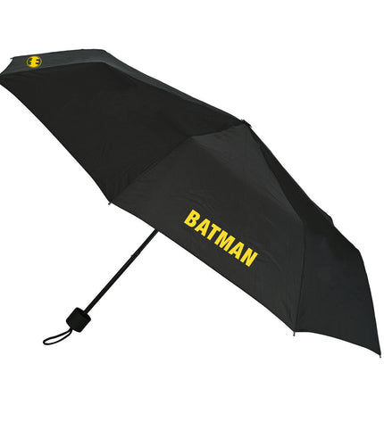 Black Batman Game Over foldable umbrella with 98 cm diameter, ideal for bags and rainy days, featuring superhero design.