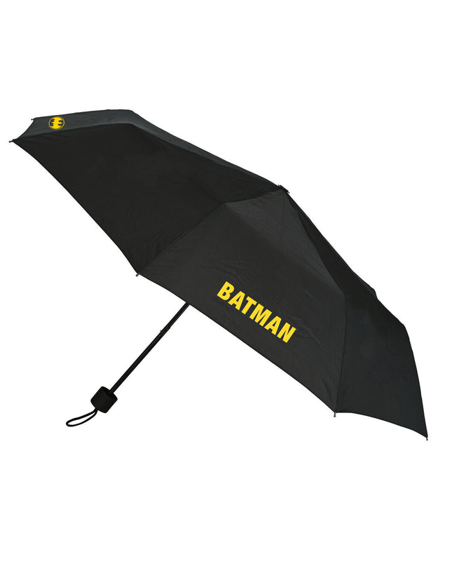 Black Batman Game Over foldable umbrella with 98 cm diameter, ideal for bags and rainy days, featuring superhero design.