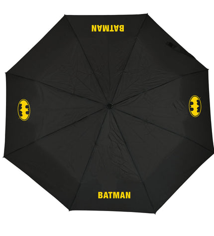 Black Batman Game Over folding umbrella with 98cm diameter, featuring Batman branding and compact design for easy portability.