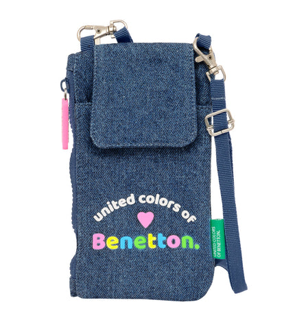 Blue Benetton denim wallet with mobile phone compartment, compact design, and multiple card slots for everyday use.