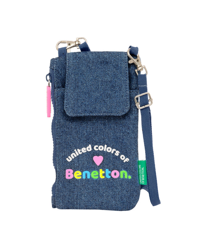 Blue Benetton denim wallet with mobile phone compartment, compact design, and multiple card slots for everyday use.
