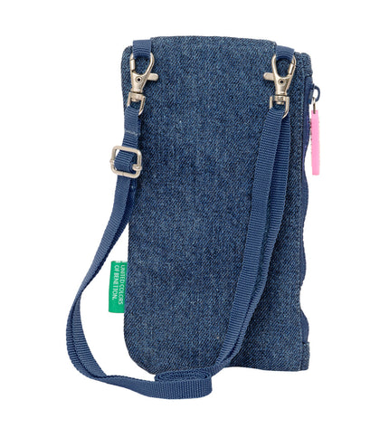 Blue Benetton denim wallet with mobile pocket, compact design, made for carrying cash, cards, and a phone.