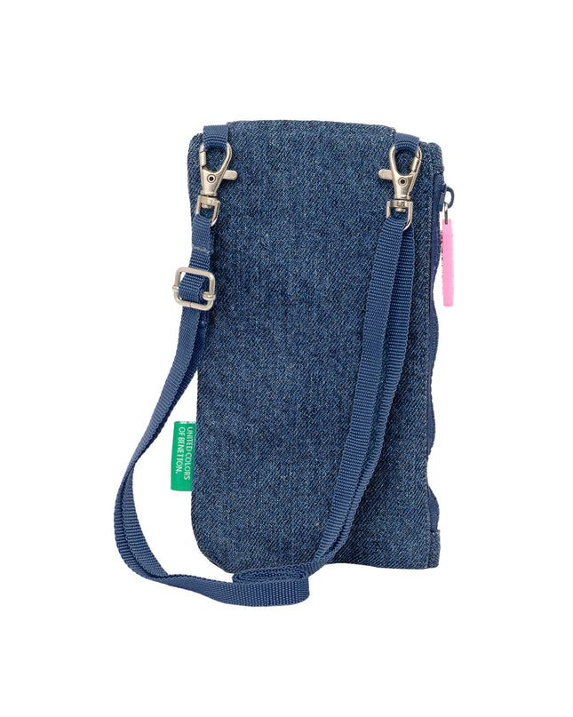 Blue Benetton denim wallet with mobile pocket, compact design, made for carrying cash, cards, and a phone.