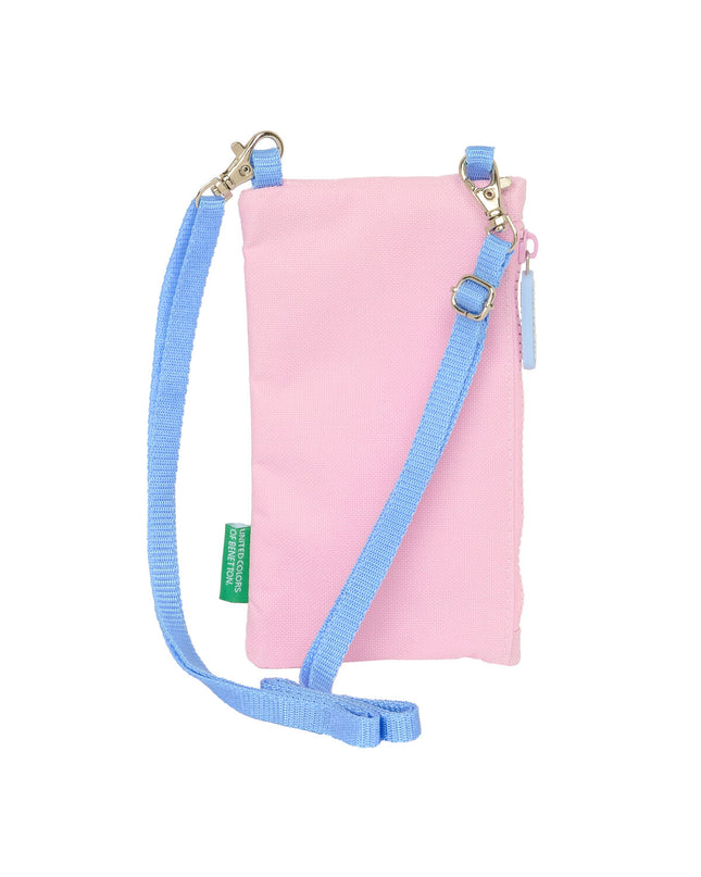 Pink Benetton wallet with mobile pocket, stylish zippered design, made for carrying cards and cash in a compact bagage style.