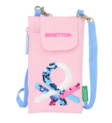 Pink Benetton wallet with card slots and zipper, designed for mobile and small valuables, featuring a compact bagage style.