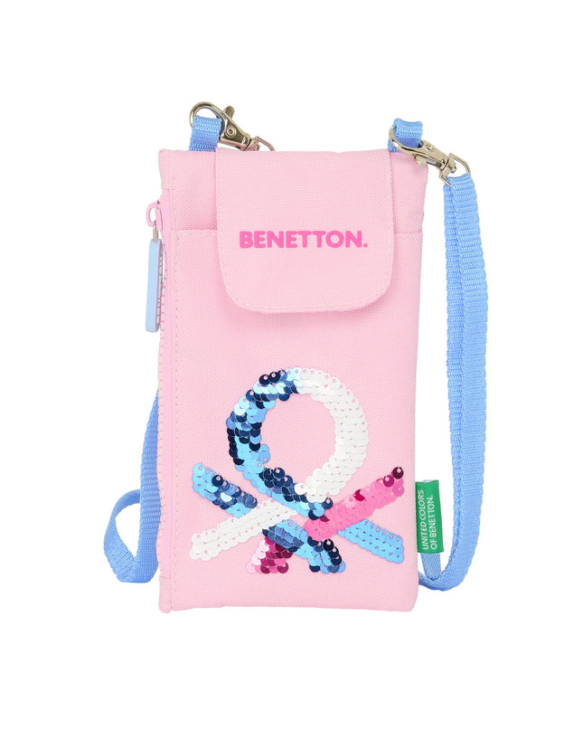 Pink Benetton wallet with card slots and zipper, designed for mobile and small valuables, featuring a compact bagage style.