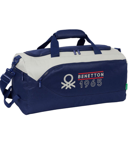 Benetton varsity sports bag in gray and navy blue, 50x25x25 cm, suitable for outdoor and sports activities.