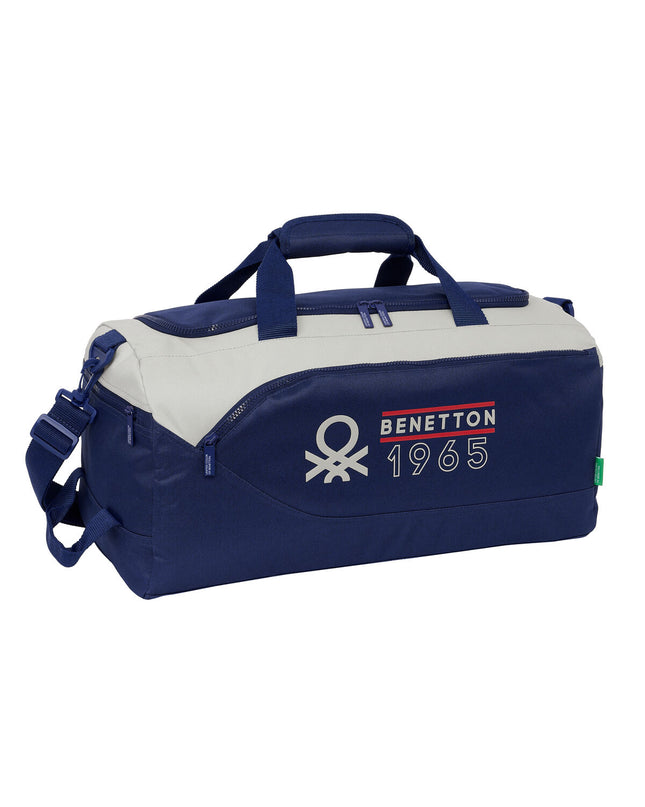 Benetton varsity sports bag in gray and navy blue, 50x25x25 cm, suitable for outdoor and sports activities.