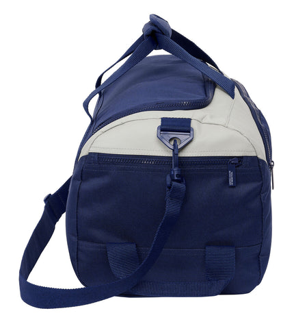Benetton varsity sports bag in grey and navy blue, 50x25x25 cm, with sturdy handles and sporty design.