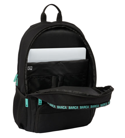 F.C. Barcelona black padel tennis backpack with sporty design, suitable for outdoor sports and paddle tennis gear.