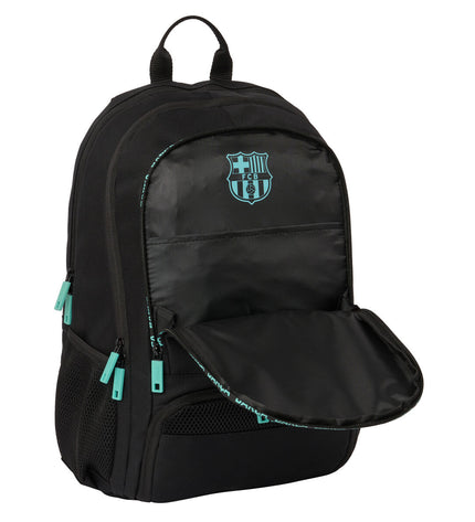 F.C. Barcelona black paddle tennis backpack with sport and outdoor design, ideal for carrying paddle gear and accessories.