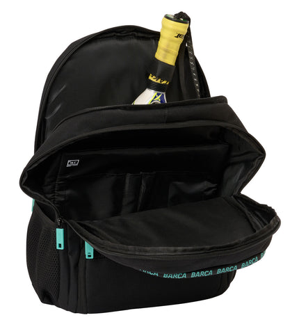 F.C. Barcelona black padel tennis backpack with sport outdoor design, featuring the club's logo and multiple compartments.