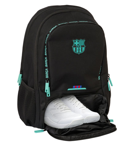 F.C. Barcelona black paddle tennis sport backpack with multiple compartments and adjustable straps for outdoor sports.