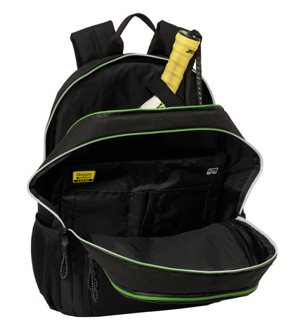 Kappa black paddle tennis bag with multiple compartments and adjustable straps, designed for sport and outdoor use.
