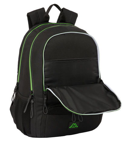 Kappa black paddle tennis sport backpack with multiple compartments and padded straps for outdoor and sports use.