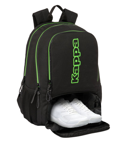 Kappa black paddle tennis sport backpack with multiple compartments and adjustable straps, designed for outdoor and paddle tennis gear.