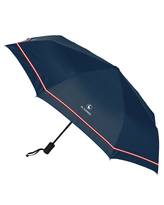 Foldable El Ganso Classic Marine Blue umbrella open, showing 102cm canopy, compact bagage umbrella in marine blue with brand logo.
