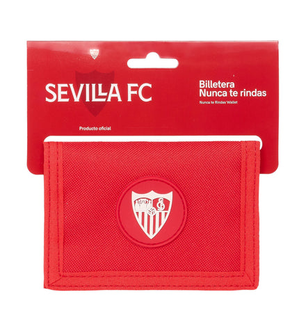 Sevilla Fútbol Club wallet with red color, compact size 12.5 x 9.5 cm, featuring cardholder and wallet compartments.