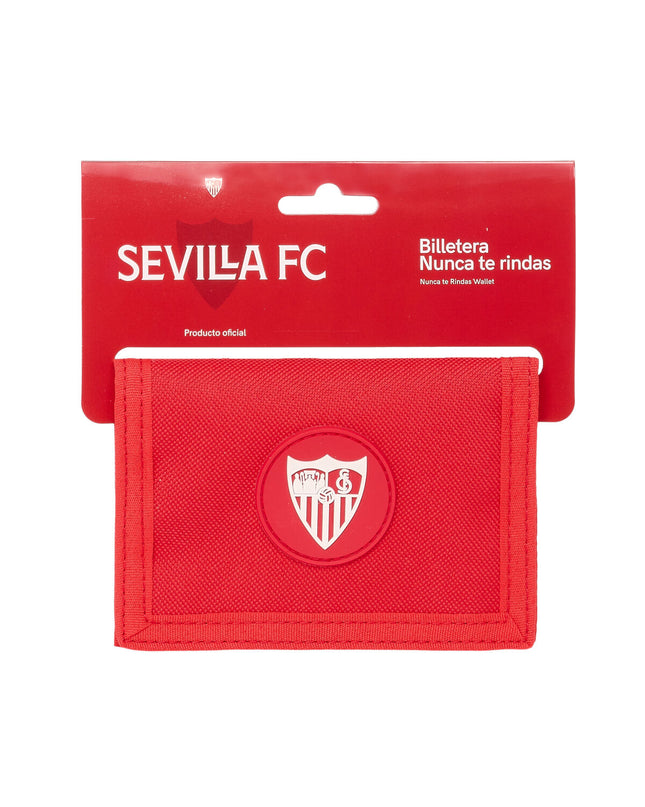 Sevilla Fútbol Club wallet with red color, compact size 12.5 x 9.5 cm, featuring cardholder and wallet compartments.