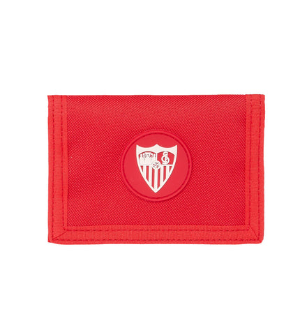 Sevilla Fútbol Club red wallet with cardholder and compartments, measuring 12.5 x 9.5 x 1 cm, made of durable material.