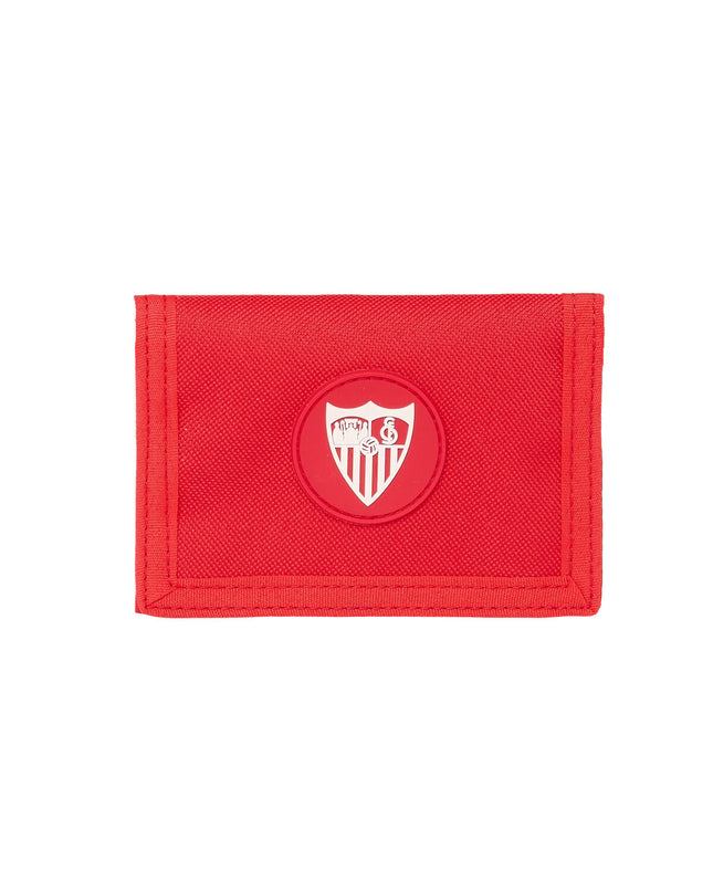 Sevilla Fútbol Club red wallet with cardholder and compartments, measuring 12.5 x 9.5 x 1 cm, made of durable material.