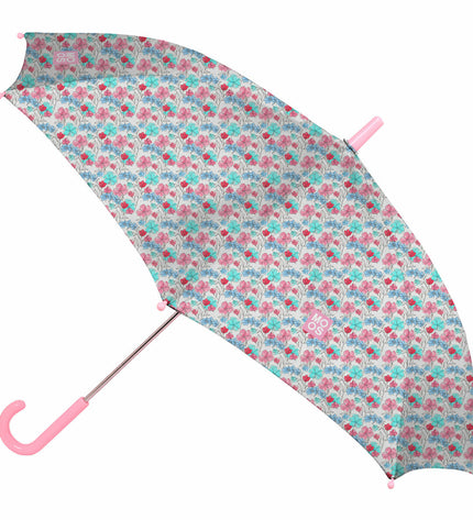 Moos multicolour floral umbrella with 86 cm diameter, suitable for luggage protection, featuring vibrant flower patterns.