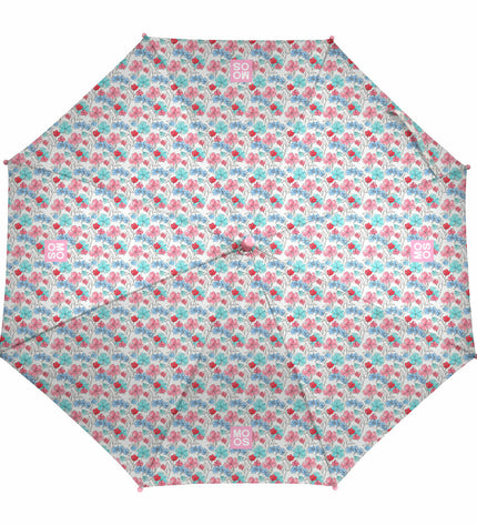 Moos multicolour floral umbrella for luggage, round with 86 cm diameter, featuring vibrant Moos branded design and floral pattern.