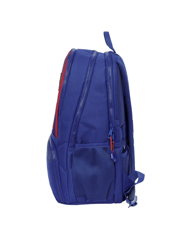 F.C. Barcelona paddle tennis sport backpack in kastanjebruin and marineblauw with logo and multiple compartments.